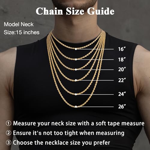 3mm 18K Gold Plated Rope Chain Necklace for Men, World's Top Craftsmanship Gold Stainless Steel Necklace for Men, Non Tarnish & Sturdy Men's Chain Necklaces 16 18 20 22 24 26 Inch4