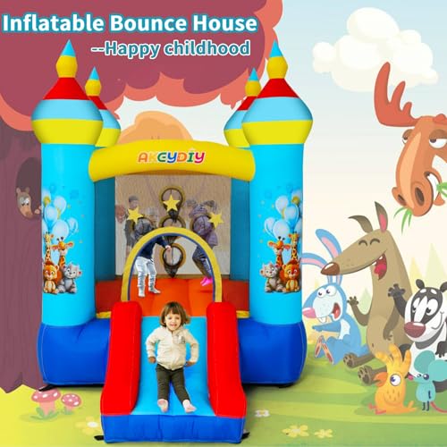 AKEYDIY Hüpfhaus, für drinnen und draußen, lustiges Hüpfhaus mit Gebläse, Tropische Dschungeltiere, Party-Bouncer Slide & Jumping Area, Ballwurfspiel, Hinterhof, aufblasbares Hüpfhaus, Geschenk für