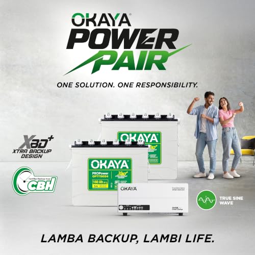 Image of Okaya Inverter with Two Battery Combo for Home, Office & Shops | ATSW1900 24V True Sine Wave Inverter 1650VA with 36 Months Warranty & OPTT19054 160Ah XBD+ Certified TT Battery with 54 Months Warranty