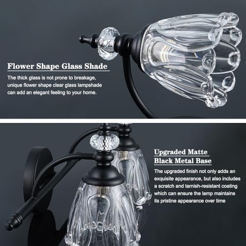 Image of Matte Black Vanity Light, Farmhouse Bathroom Light Fixtures, 2 Light Bathroom Vanity Lights, Flower Glass Shade Wall Sconce Lighting
