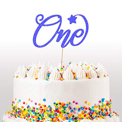 Cakeshop 1st Birthday Glitter Cake Topper, Age 1 Cake Topper Decoration, 1st Anniversary - Double Sided 400gsm Glitter Card, Choice 14 of Colours and Loads of Styles (Bright Blue)