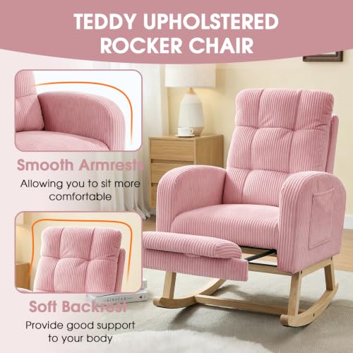 Image of NIOIIKIT Nursery Rocking Chair, Corduroy Upholstered Rocking Chair with Adjustable Footrest, Tufted Rocker Chair with Side Pocket, Glider Rocker for Living Room, Bedroom (Pink Retro)