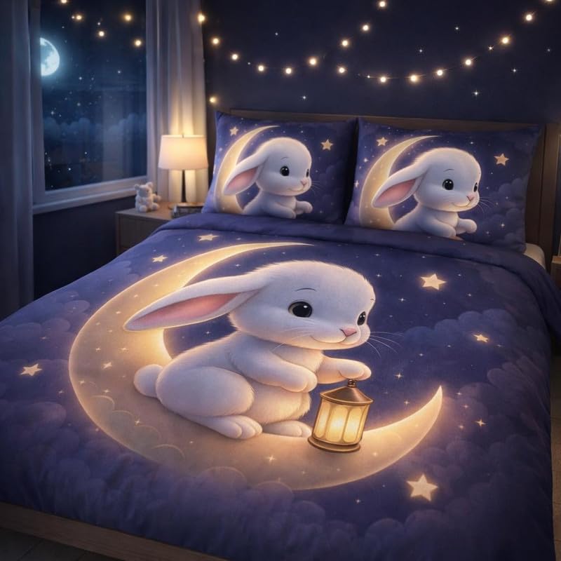 Image of DECOR WELL Premium 7D Digital Print Polycotton Double Bed Sheet with 2 Matching Pillow Covers - Soft, Wrinkle-Resistant & Vibrant Bedroom Decor - Moon Rabbit 2