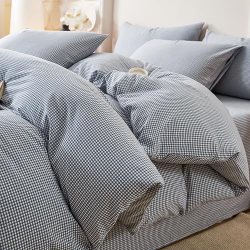 Image of VM VOUGEMARKET Mini Blue Gingham Duvet Cover King 100% Washed Cotton Bedding Set Like Linen Soft Breathable 3 Piece Classic Plaid Checkered Comforter Cover Set (King 104 inchx90 inch, Comforter Not Included)