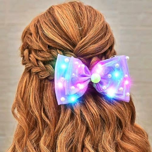 CAKURE Light Up Hair Bow Clips Pearl Bow Hair Barrette Led Mermaid Hair Accessories for Women and Girls (f-dark purple)