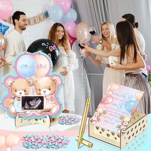 Image of Wenqik 63 Bear Gender Reveal Baby Shower Guest Book Alternatives Set Baby Shower Decorations with Photo Frame Sonogram Frame Keepsake 60 Wood Slices Guest Book for Birthday