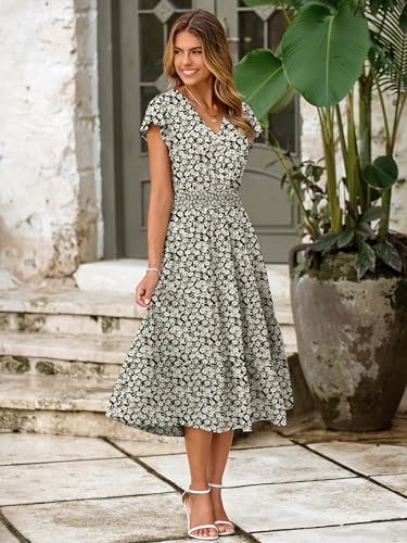 Image of BerryGo Women's Floral Boho Ruffle Summer Midi Dress Short Sleeve V Neck Empire Waist Swing Flowy Dress