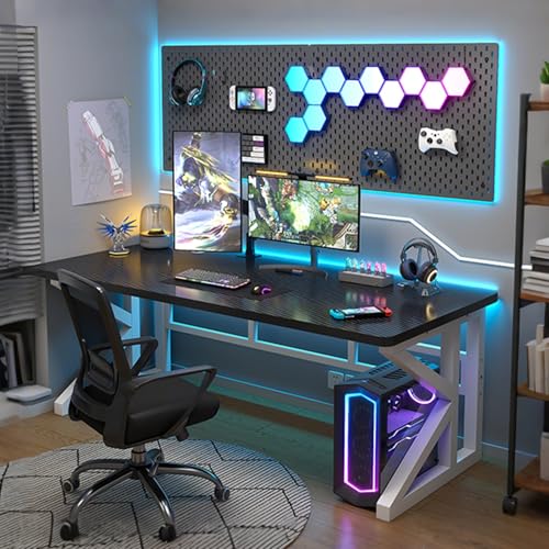 FXLKLUXE パソコンデスク ゲーミングデスク 机 pcデスク 勉強机 25mm厚の無垢材ボード 配線孔デザイン 耐荷重200kg 強化クロスバー 学習机 コンパクト 傷に強く、耐熱性、耐湿性があり、お手入れが簡単 、在宅勤務、 省スペース(ブラック+