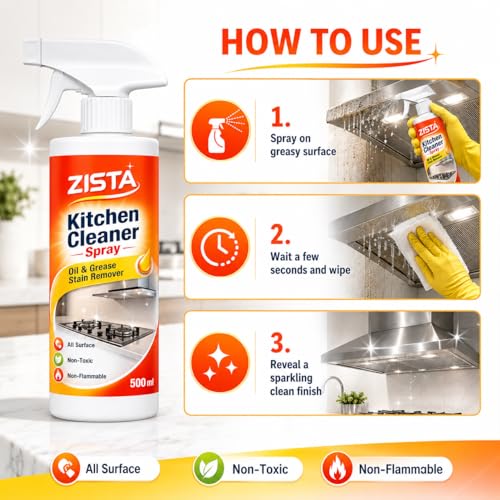 Image of ZISTA Kitchen Cleaner Spray for Oil & Grease Stain Remover, All Surface Non-Toxic & Non-Flammable Magic Degreaser Cleaning Spray for Kitchen, Chimney, Sink, Grill, Exhaust Fan & More! (500 ml)