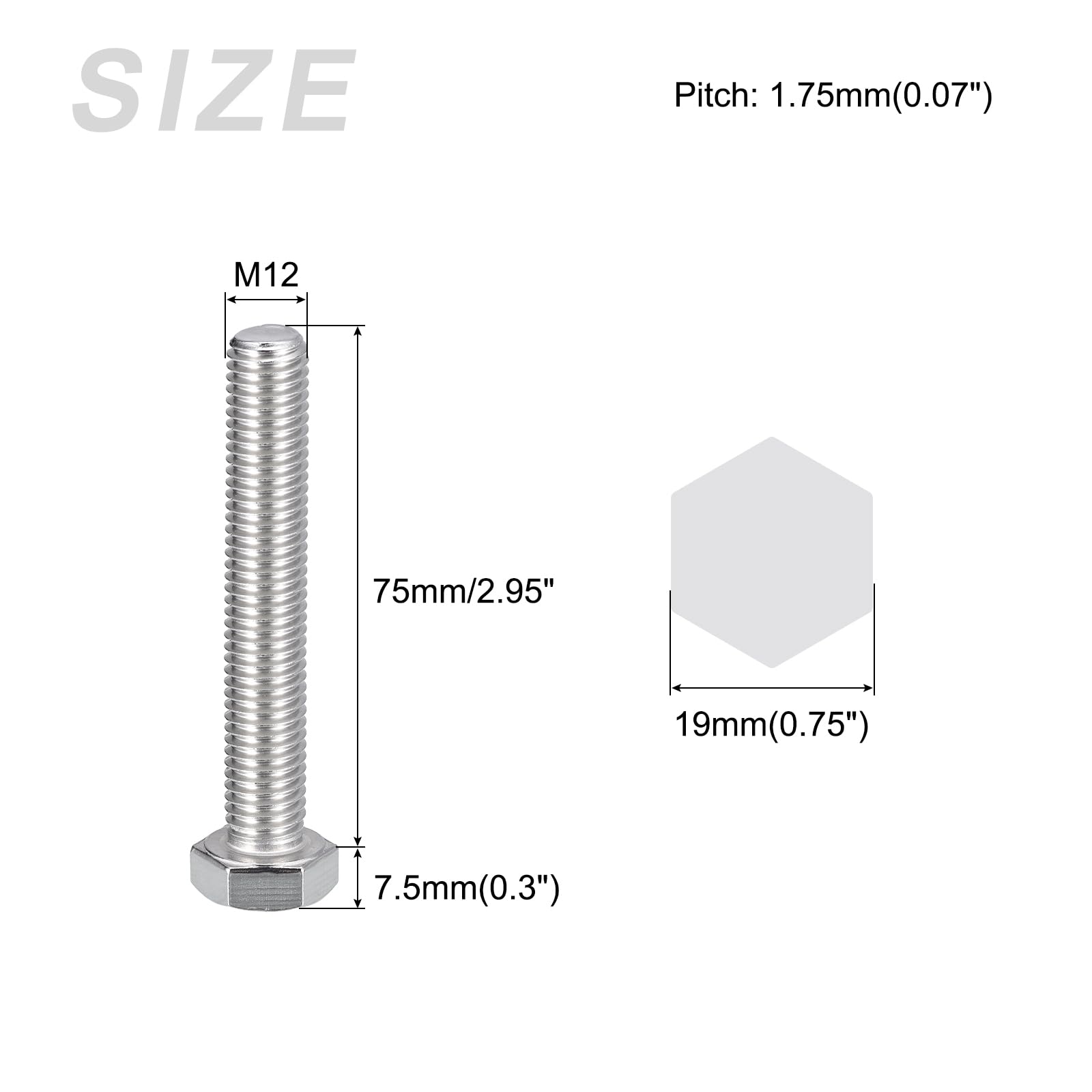 METALLIXITY Hex Bolts (M12-1.75x75mm) 4Pcs, 304 Stainless Steel Coarse Fully Threaded Hex Head Screw Bolt Machine Screws - Image 2