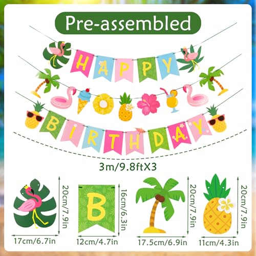 Image of SUNBEAUTY Hawaiian Happy Birthday Banner Tropical Luau Party Birthday Flamingo Pineapple Palm Leaf Banner for Summer Birthday Party Decorations Supplies | Pre-Strung