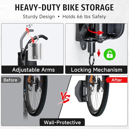 Image of BYHUME Bike Rack Garage,Bike Wall Mount, 150 Swivel & Space-Saving Vertical Bike Hangers for Storage, Sturdy Bike Stand Holds Up to 66lbs, Easy to Install, 1 Pack