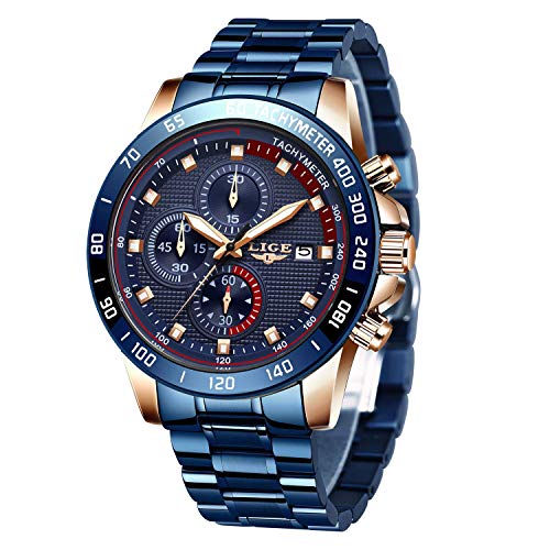 LIGE Men Watches Elegant Sports Waterproof Analog Quartz Stainless Steel Wrist Watches Military Chronograph Blue Multifunction Band Watch for Men