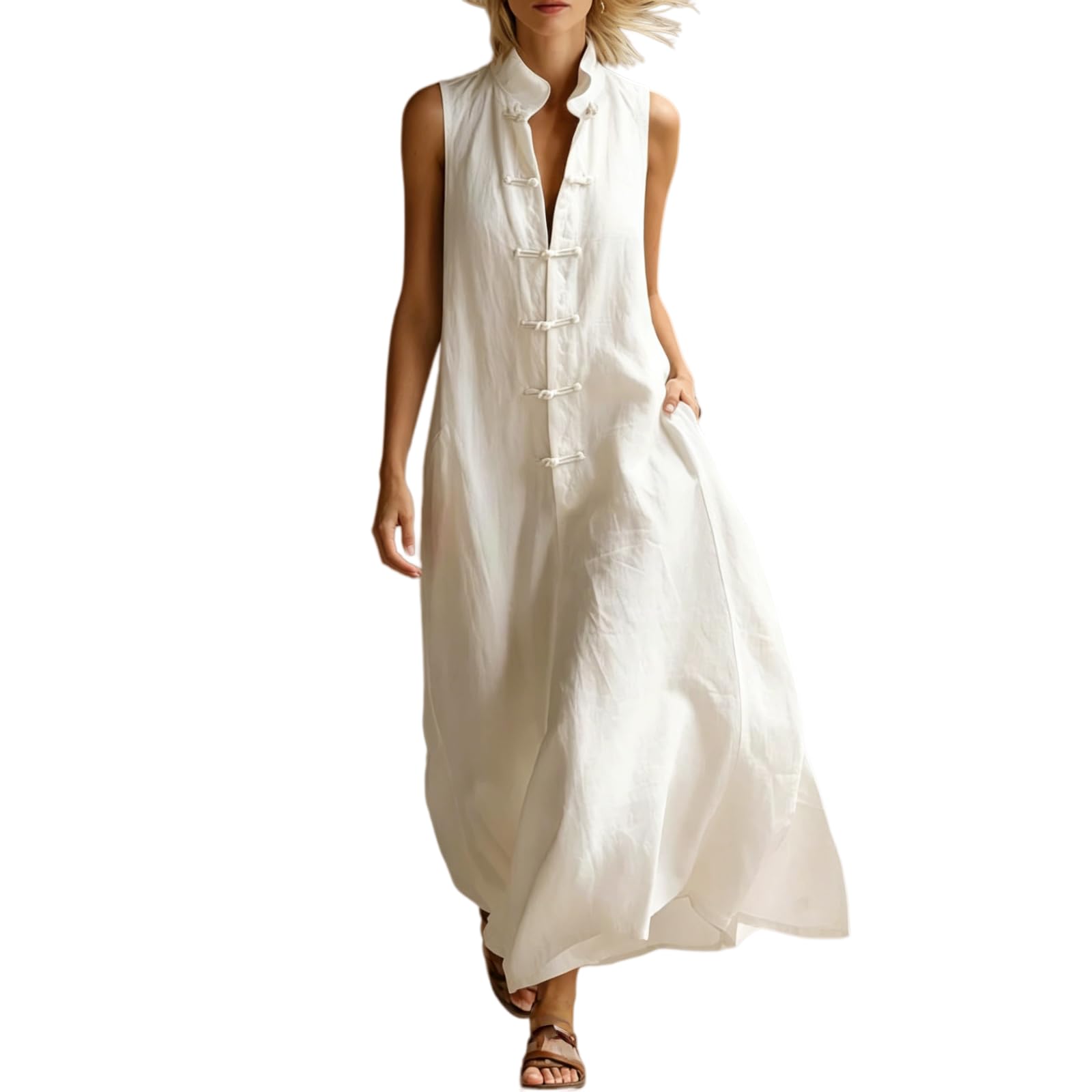 Generico Abito Lungo Estivo da Donna in Stile Boho: Modello Svasato (Linea ad A) e Ampio, con Collo alla Coreana, Senza Maniche e Chiusura Frontale a Bottoni