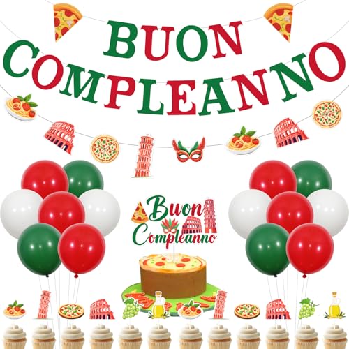Funmemoir Décorations de fête italiennes – Bannière d'anniversaire Buon Compleanno pour gâteau, guirlande sur le thème de l'Italie, décorations de...