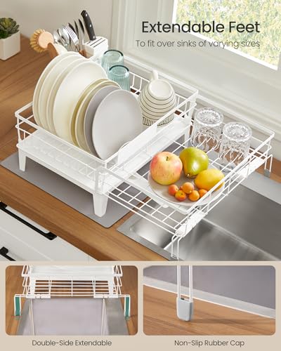 Image of SONGMICS Dish Drying Rack, Kitchen Dish Rack with Drainboard, 360 Rotatable and Extendable Spout, with Cutlery Holder, (12.2-22) x 16.5 x 7.9 Inches, Matte White UKCS552W01