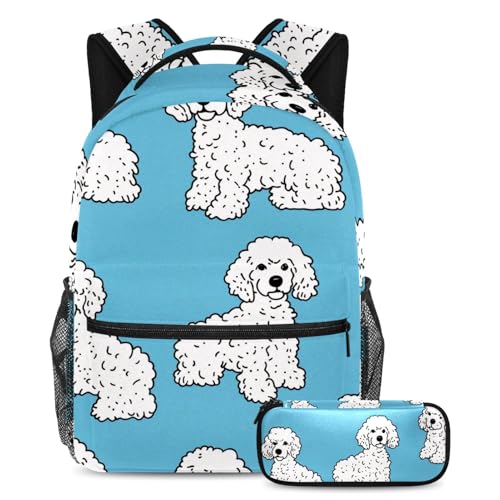 Sac à dos caniches blancs 2 pièces avec trousse pour l'école et les voyages des élèves