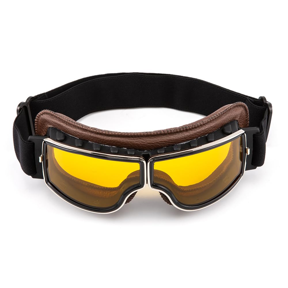 Lunettes de moto vintage aviateur rétro Cuir PU Lunettes pliables et coupe-vent pour hommes et femmes