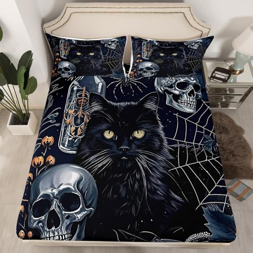 Gothic Cats Fitted Sheet Full Size Sugar Skull Skeleton Bedding Set 3Pcs(No Flat Sheet) Jungle Spider Web Bed Sheet for Boys Girls Teens Room Decor Mystic Halloween Deep Pocket Sheet