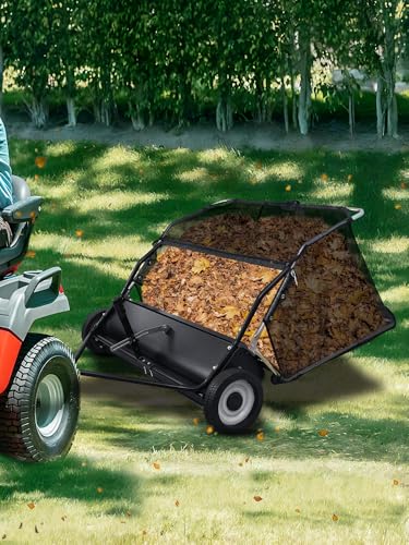 cadciehe Barredora de césped de 44 pulgadas, barredora de hojas de empuje resistente y recogedor de césped con tolva de 25 pies cúbicos, barredora de césped de altura ajustable para tractor de césped