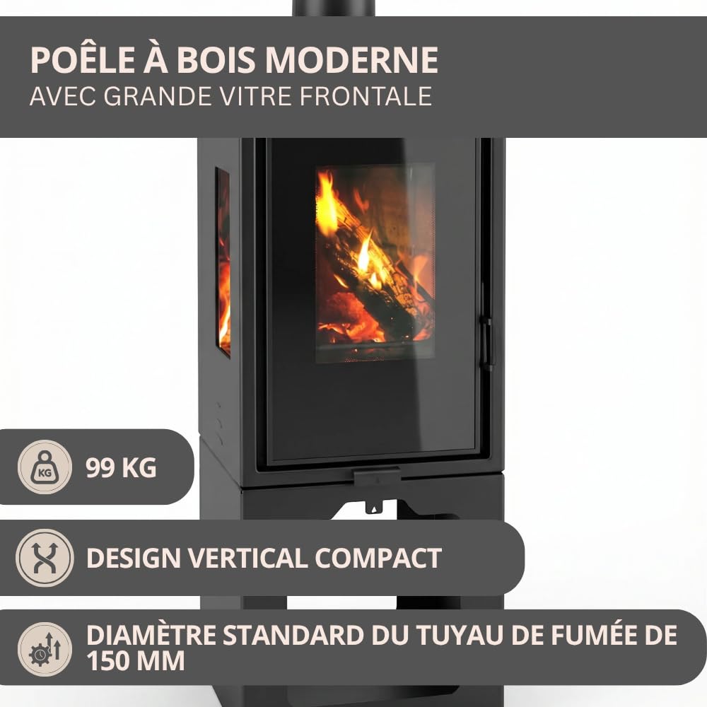 Prity PMV3 E Poêle à bois panoramique | Verre vertical à trois côtés | Design moderne | Certifié CE | Brûleur bloc