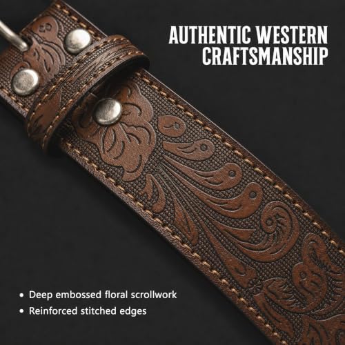 Image of BC Belts Western Leather Belt Strap - 1.5 inch Wide with Embossed Scrollwork Without Buckle for Men & Women, Cowboy /Cowgirl Style