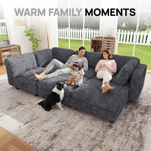 Image of 99 inch Modular Sectional Chenille Sofa bed with Hidden Storage, Comfy Modern 6 Seater Oversized Deep Seat Couch, Modular Sectional with Ottoman and Removable Cover for Living Room, Apartment, Gray