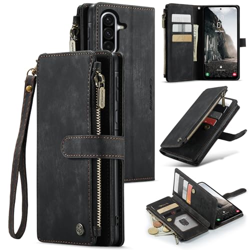 UEEBAI Funda para teléfono móvil Samsung Galaxy A17 5G, funda retro con cremallera, de PU Premium, suave, tipo libro, con cierre magnético, tarjetero, función atril, cartera con bandolera, protectora