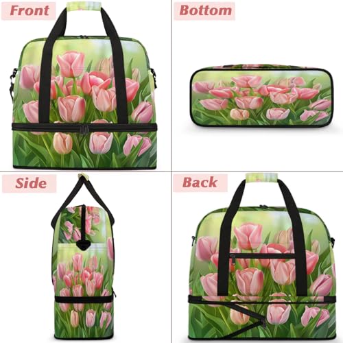 Large Weekender Overnight Bags Travel Duffel Bag for Women Men Flower Tulip Pink Gym Bags With Shoe Compartment Foldie Travel Tote Bag Carry On Personal Item Bag for Travel Gym Sports3