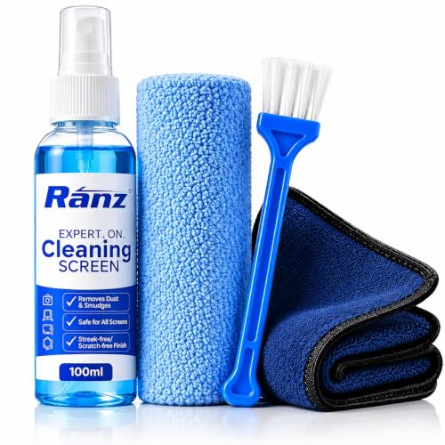 Image of Ranz Screen Cleaning Kit for Laptop, Mobile, TV & Monitor | 3-in-1 Kit with 100ml Spray, 400 GSM Dual-Sided Microfiber Cloth & Brush | Streak-Free, Alcohol-Free LCD LED Screen Cleaner