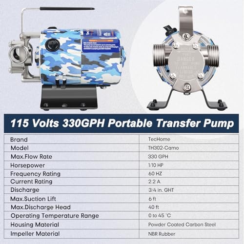 Image of TecHome 115V 1 /10HP 330GPH Utility Rain Barrel Waterbed Pump, With Water Hose Kit, Camouflage Color.