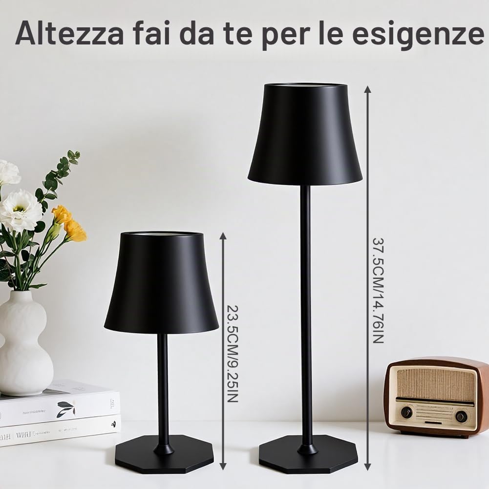 2pcs Lampada da Tavolo LED Senza Fili, 3 modalità Colore,Nero | Lampada da Tavolo Ricaricabile e Senza Fili con Controllo Touch, Altezza Regolabile, Lampada da Comodino, Lampada da Lettura