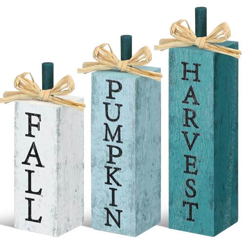 Redbaker 3 Pcs Blue Fall Pumpkin Decor, Wood Fall Decorations for Home