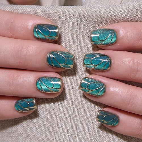 Image of CurvLife Soft Gel Squoval Press-On Nails Short, Reusable Fake Nails with Glue & Adhesive Tabs, 30PCS Salon-Quality Stick-On Nails for At-Home Manicure (Gilded Jade)