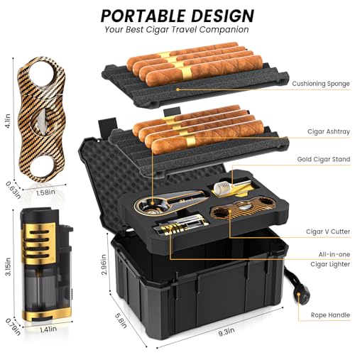 Travel Cigar Humidor Set with Torch Cigar Lighter, V Cigar Cutter, Cigar Ashtray, Cigar Holder, Humidifier & Hygrometer, Portable Travel Cigar Case with Cigar Accessories Kit, Cigar Gifts for Men - Image 3
