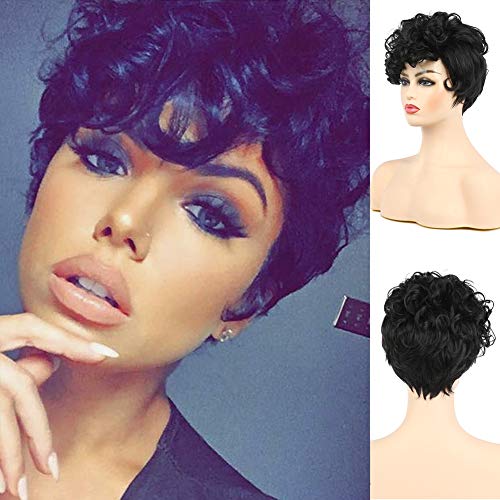Baruisi Black Short Curly Wigs for Women Synthetic Pixie Cut Cosplay Curly Wig with Wig Cap
