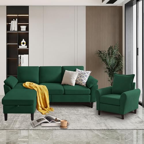 Portaforta Convertible Sectional Sofa Set, 79" Modern L Shaped Couch, Linen Upholstered 3 Seat Sofa and 35" Accent Chair, Couches for Living Room, Apartment, Green