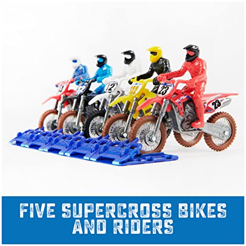 Image of Supercross, Authentic 5-Pack of 1:24 Scale Die-Cast Motorcycles with Rider Figure, Toy Moto Bike for Kids and Collectors Ages 3 and up