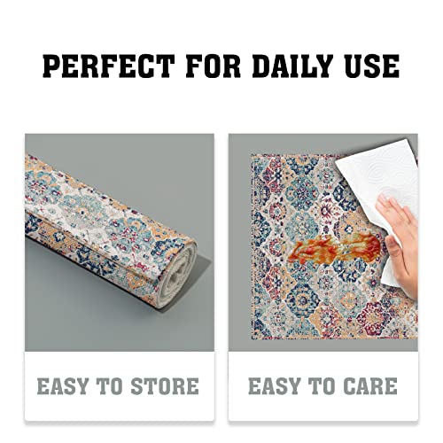 Image of Ethnic Boho Placemats Set of 4 Bohemian Carpet Vintage Rust Coral Floral Carpet Linen Washable Kitchen Dining Table Mats Stain Heat-Resistant Desktop Decor Place Mats 12x18 in