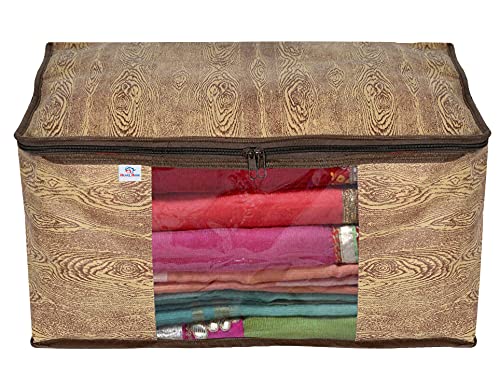 Image of Heart Home Wooden Print 8 Piece Non Woven Fabric Saree Cover /Clothes Organiser For Wardrobe Set with Transparent Window, Extra Large (Brown)