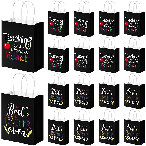 Tinlade 18 Pcs Teacher Appreciation Gift Bags Best Teacher Ever Paper Bags Back to School Gifts Teaching Is a Work of Heart Wrap Pouch with Handle for Teachers' Day First End of the School Year(Black)