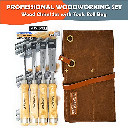 Professional Wood Chisel Set with Tools Roll Bag – Carving & Woodworking Equipment with Chrome Vanadium Steel Blades & Ergonomic hardwood Handles – Sizes 6mm, 13mm, 18mm, 24mm (1/4”, 1/2”, 3/4”, 1”)
