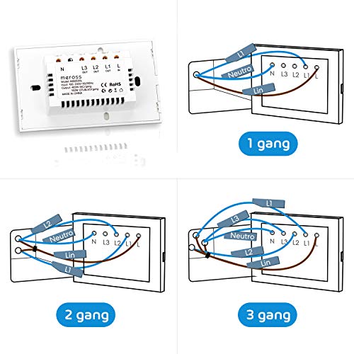 Meross Interruttore WiFi Domotica con Alexa, Smart Interruttore con Google Home Parete Italiana, Facile da Installare, 1/2/3 Gang Pannello Touch Led Antiurto, Timer, App Controllo Remoto