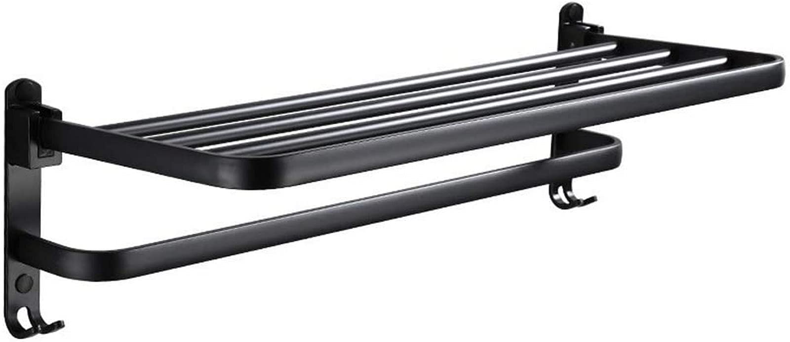 Towel Rail,Bathroom Shelf Black Towel Rack Folding Aluminum Wall Mounted Storage Hanger Shelf Hotel Bathroom Accessories with Hooks/39Cm