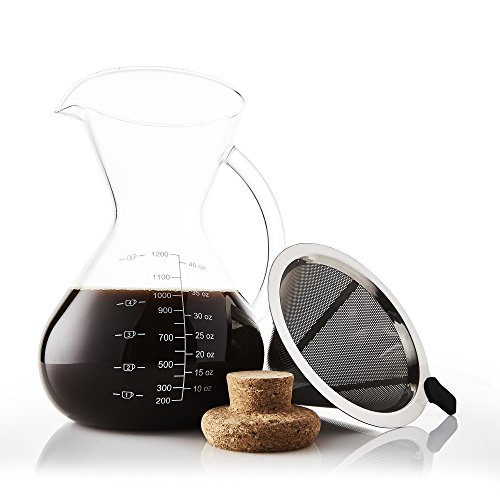 Apace Living Cafetera De Goteo Pour Over Filtro, Tapón De Corcho Y Cuchara Medidora - Elegante Cafetera Manual con Jarra De Vidrio y Filtro De Acero Inoxidable (1200 ML)