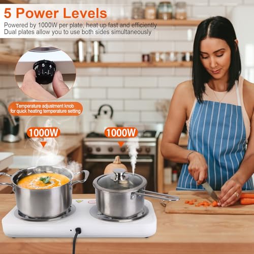 Image of Portable Double Burner Electric Coil Heating Hot Plate Stove Countertop | RV Hotplate Temperature Controls Easy to Clean 2000W White