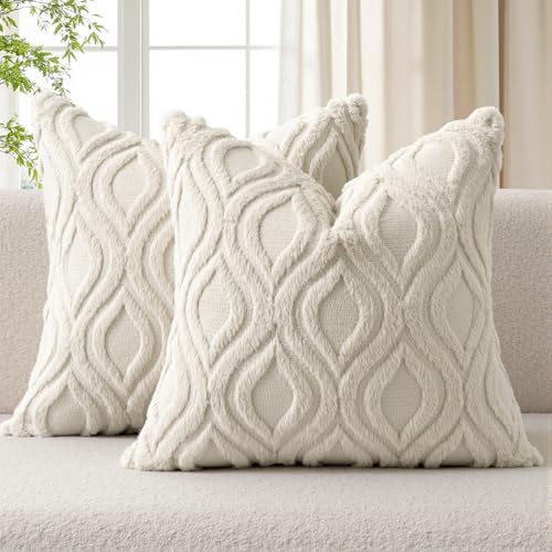 MIULEE Beige Throw Pillow Covers 18x18 Inch, Neutral Soft Plush Faux Wool Solid Couch Pillows Set of...