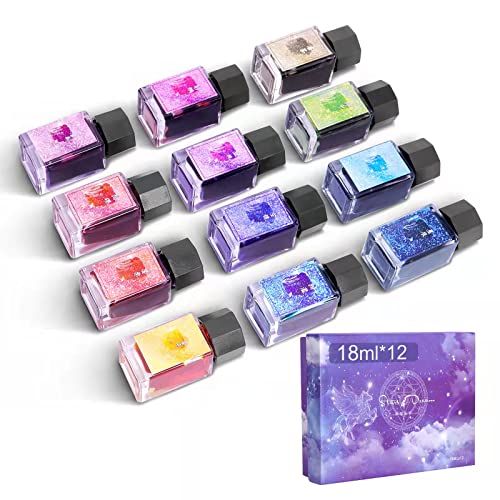 Calligraphy Ink Bottle Setï¼Œ12 Colors Calligraphy Ink Set Gold Powder Drawing Writing Art Ink dip Pen Ink with Gift Box - 12 x 18ml