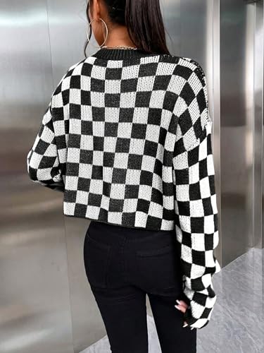 SOLY HUX Women's Checkered Sweater Long Sleeve Ribbed Knit Drop Shoulder Pullover Crop Tops2