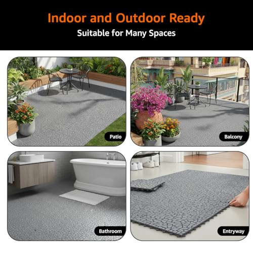 Image of Amazon Basics Interlocking Pebble Effect Floor Tiles - Natural Grey Design for Indoor & Outdoor Use, Maintain